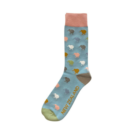 Colorful sock with kiwi pattern and 'New Zealand' text on a white background
