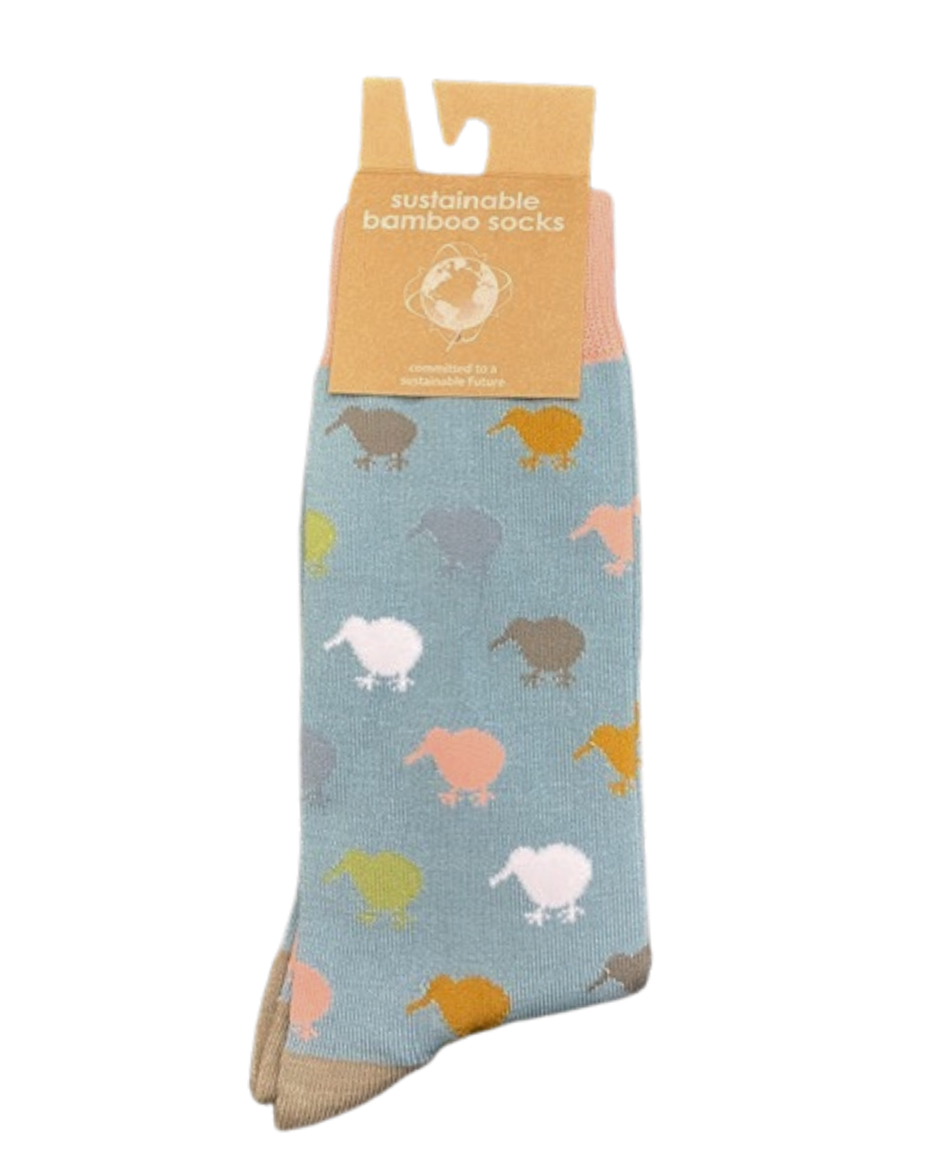 A pair of bamboo socks with a kiwi pattern and a New Zealand logo on the packaging.