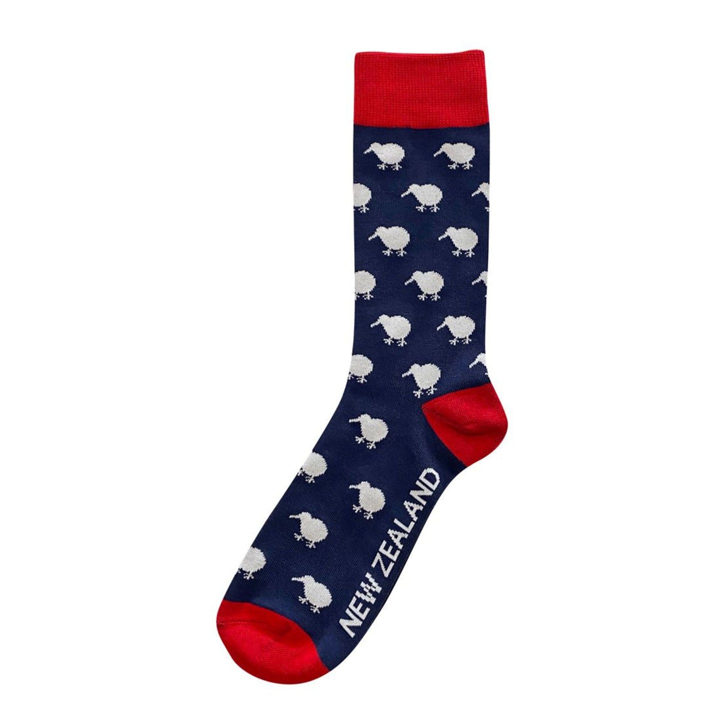 Navy sock with kiwi bird pattern and red accents on a white background