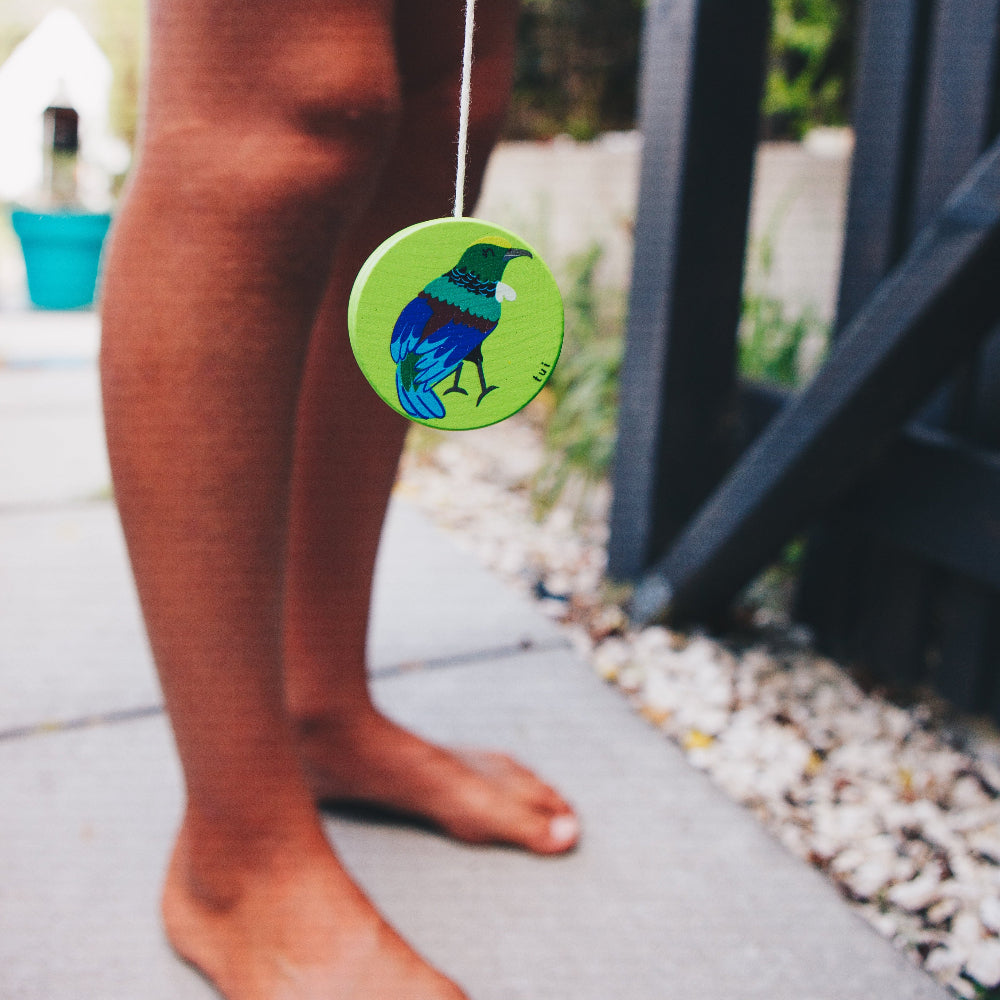 Person holding a colorful bird yoyo with a blurred background