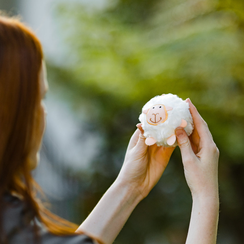 Person holding a small white plush sheep bouncy toy with a blurred green background