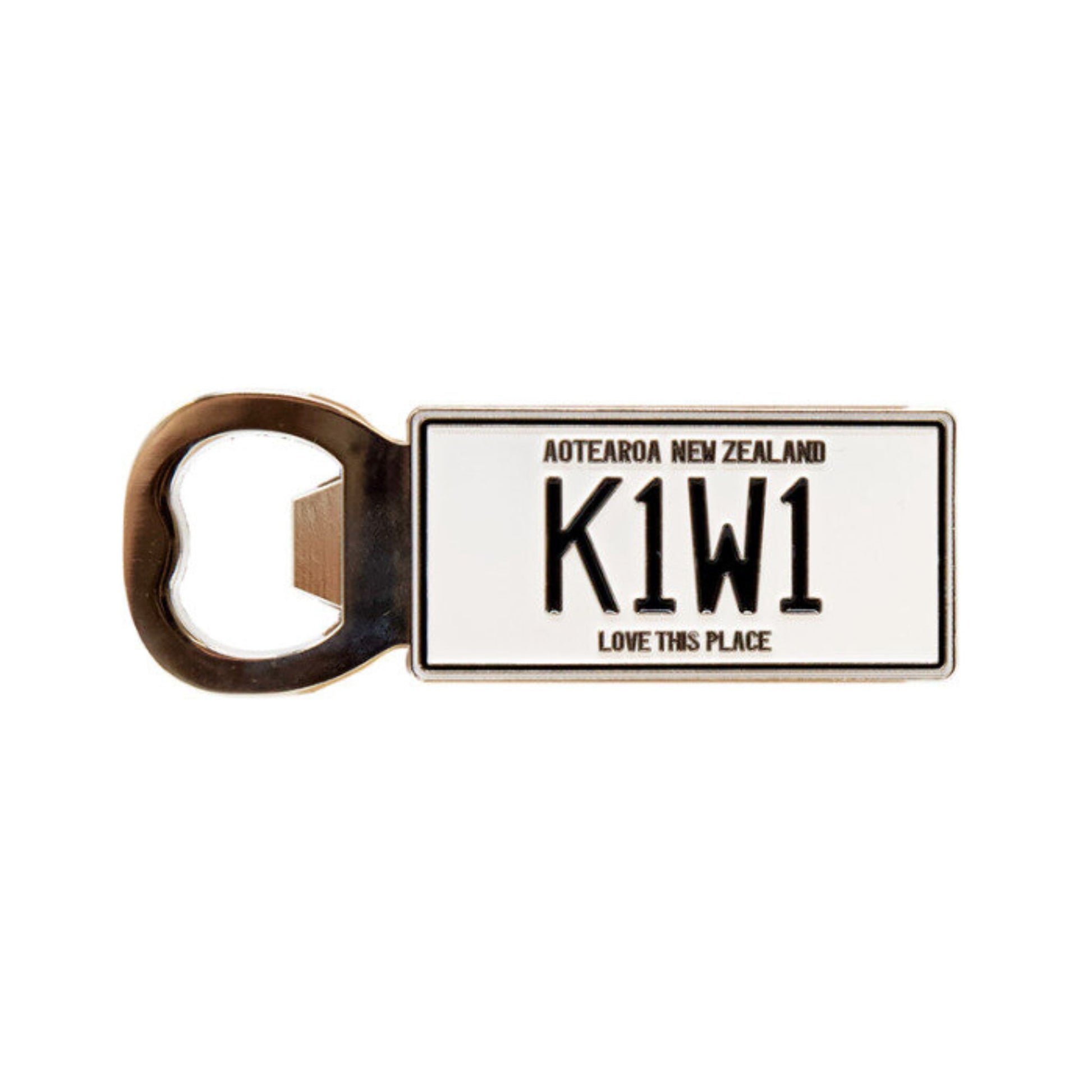 Bottle opener with New Zealand license plate design on a white background