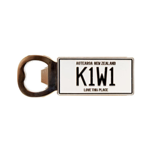 Bottle opener with New Zealand license plate design on a white background