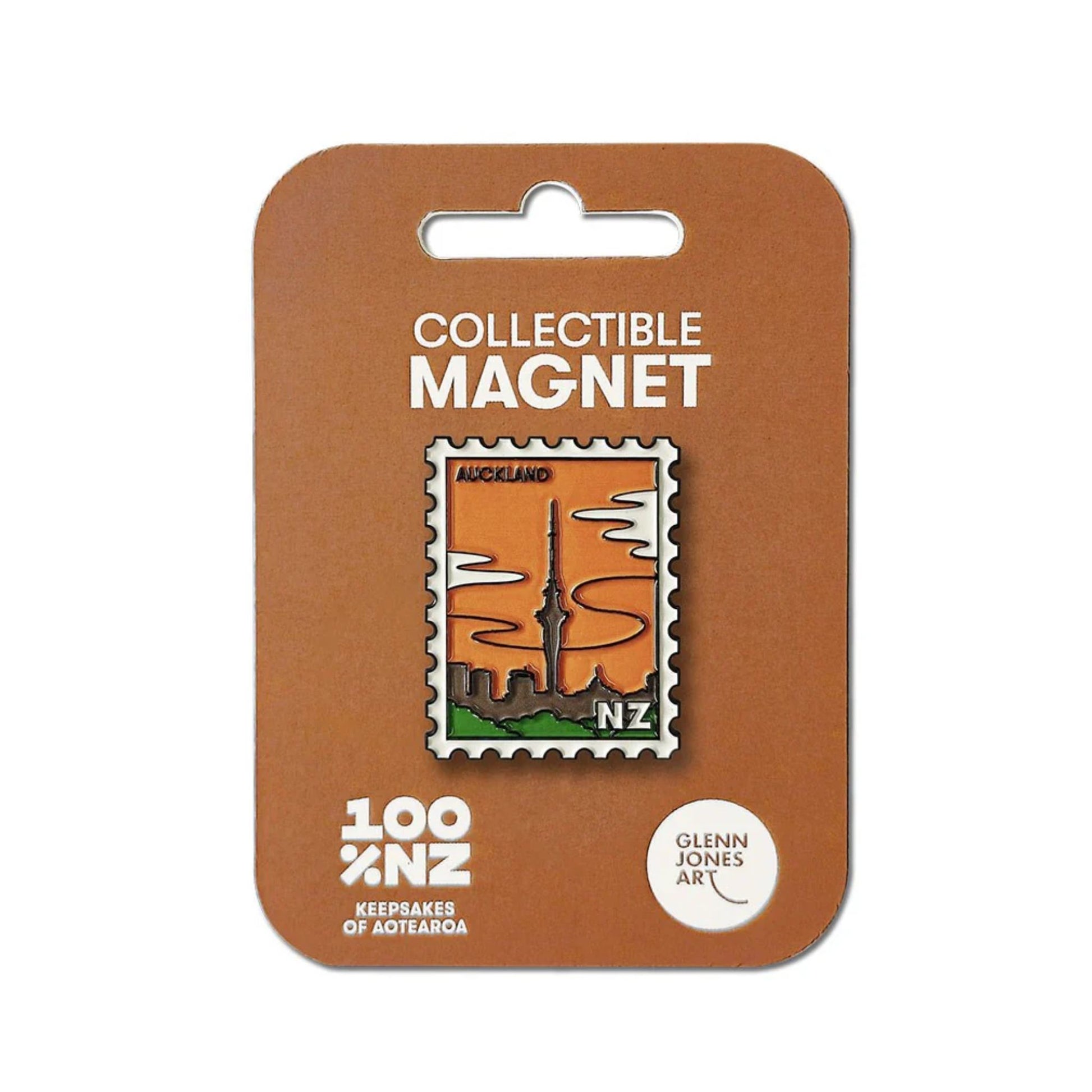 Collectible magnet packaging with a magnet featuring Auckland's Sky Tower on a brown card.