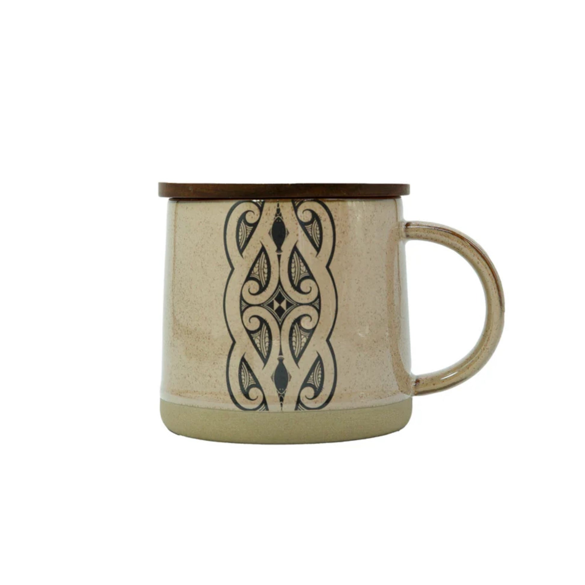 Moana Road Miriama Grace-Smith Glazed Ceramic Mug – BrownBeige mug with decorative black pattern on a white background