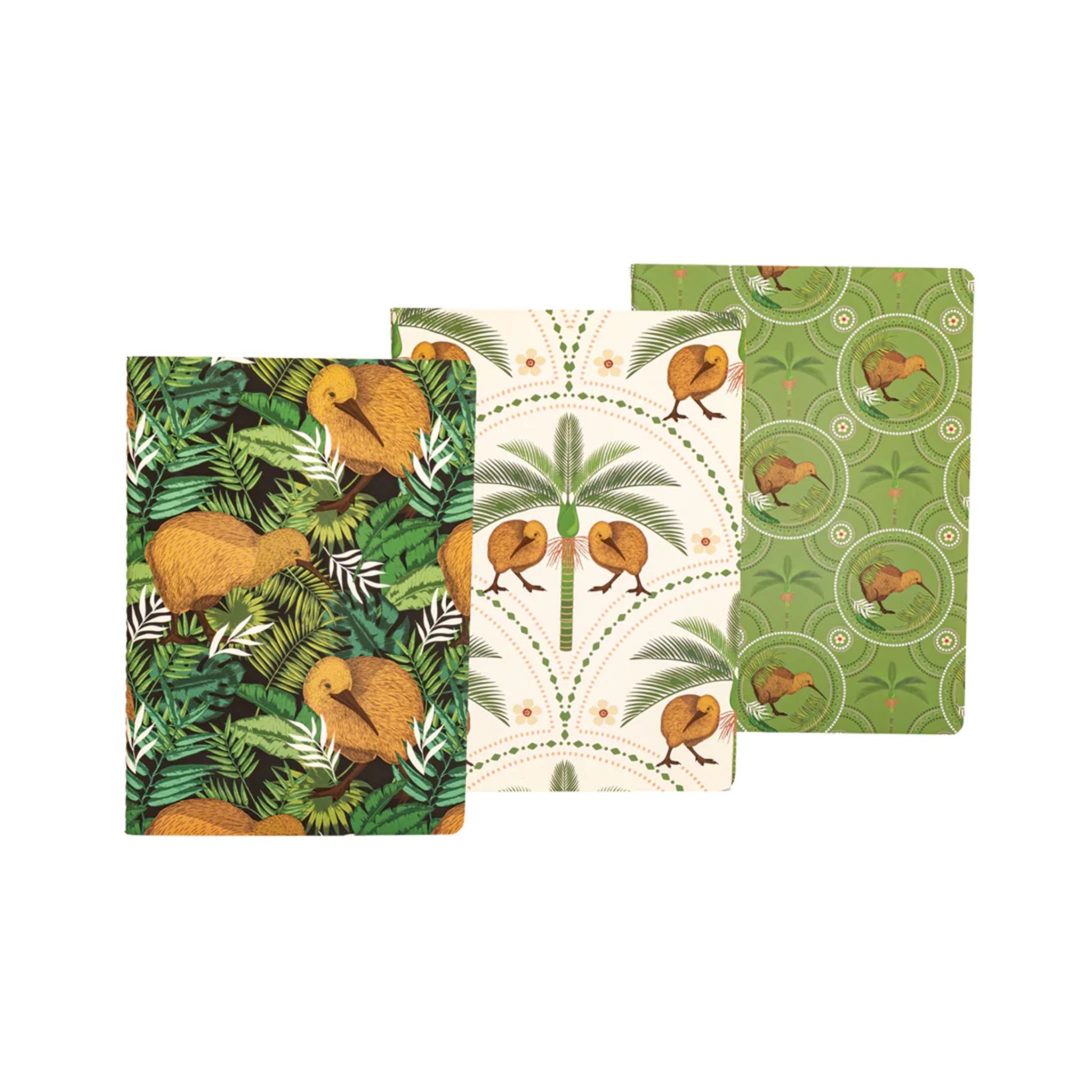 Set of three patterned notebooks with kiwi birds and leaves on a white background