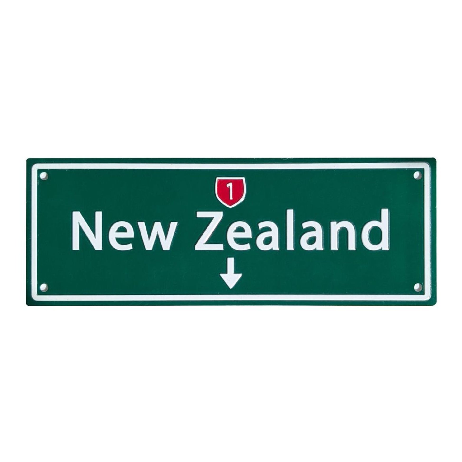 Green sign with 'New Zealand' text on a white background