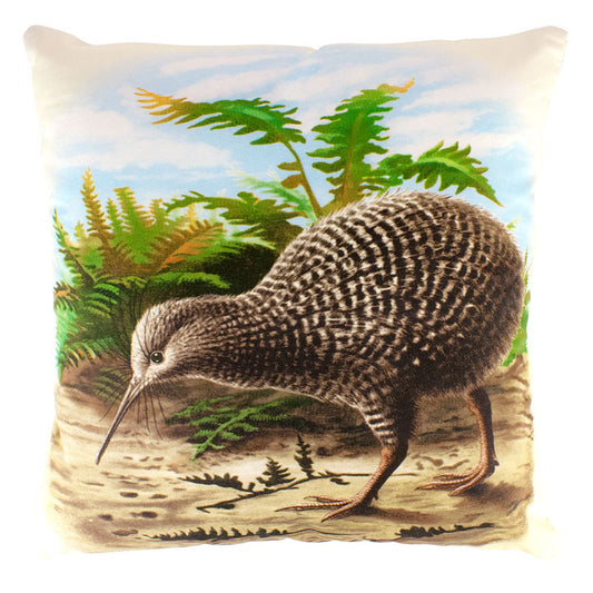 Decorative pillow with a kiwi bird design on a natural background