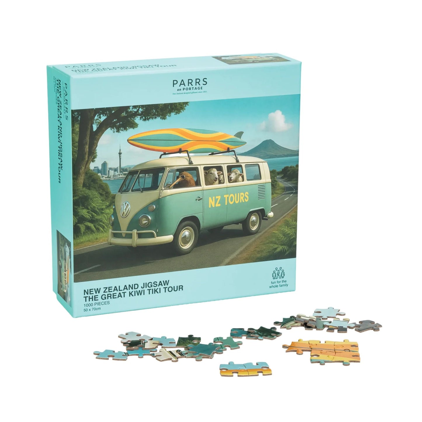 Parrs New Zealand Jigsaw Puzzle The Great Kiwi Tiki Tour | 1000pcs with a van and surfboard design on a white background