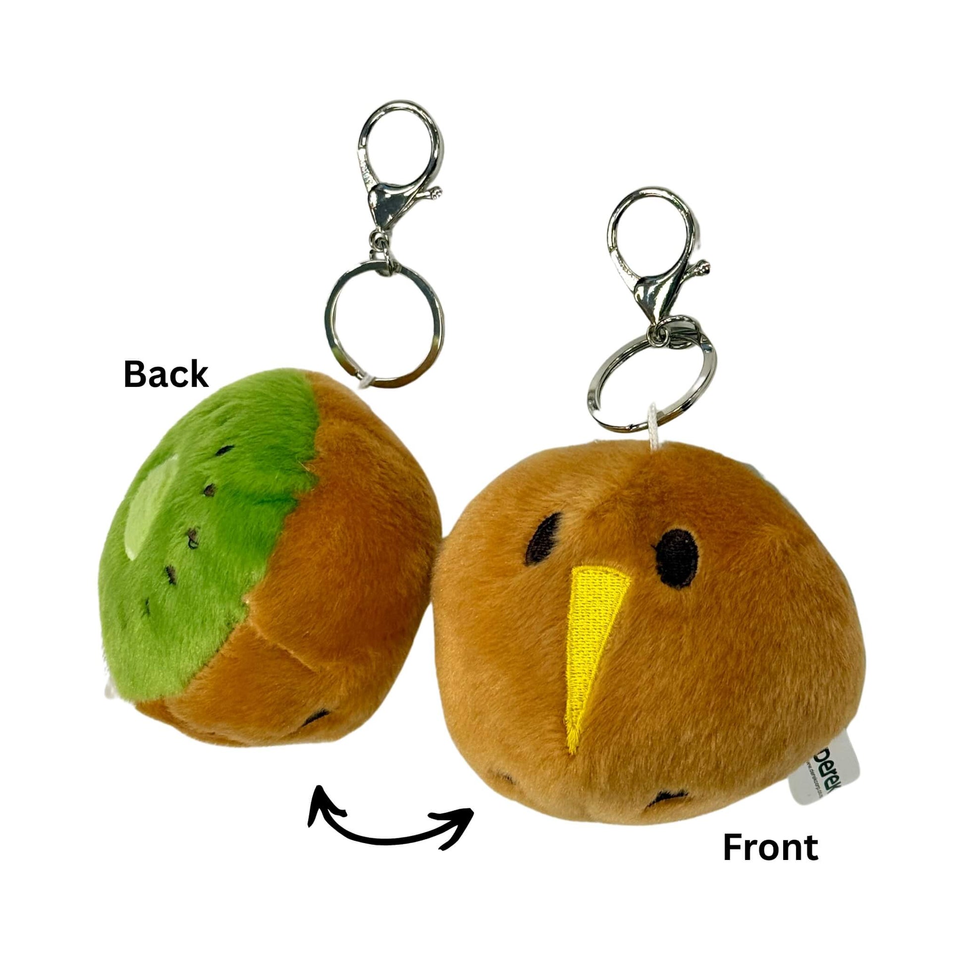 Plush keychain with kiwibird /kiwifruit design on a white background