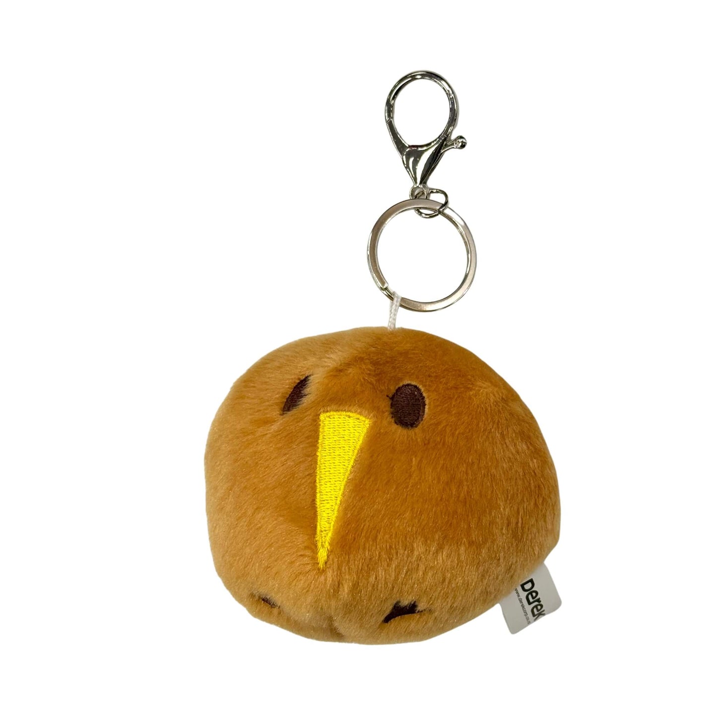 Plush kiwi bird keychain with a yellow beak on a white background