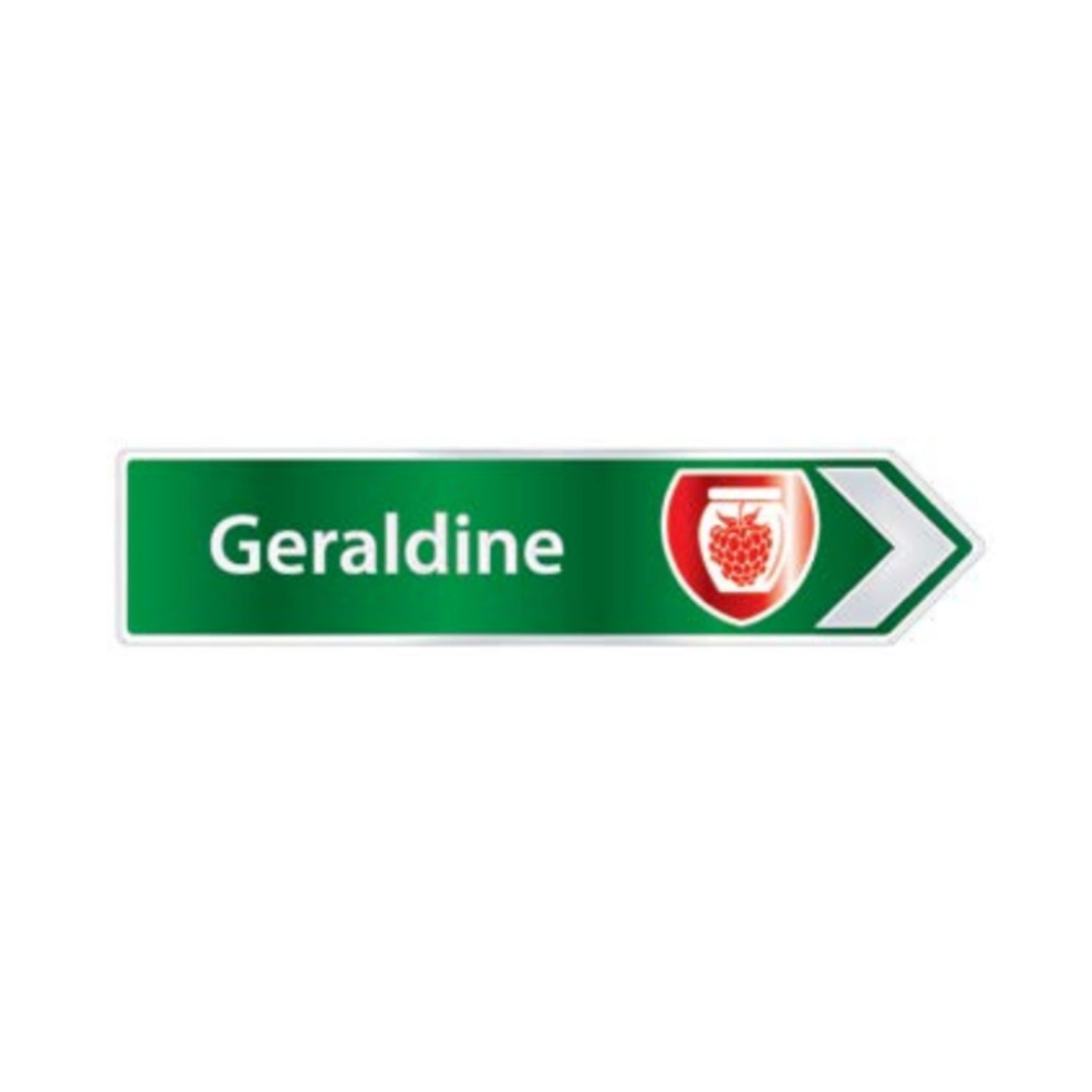 Green directional sign with 'Geraldine' text and a logo on a white background