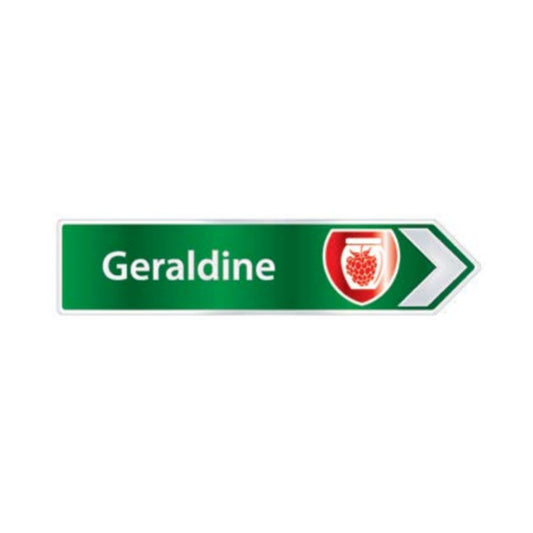 Green directional sign with 'Geraldine' text and a logo on a white background