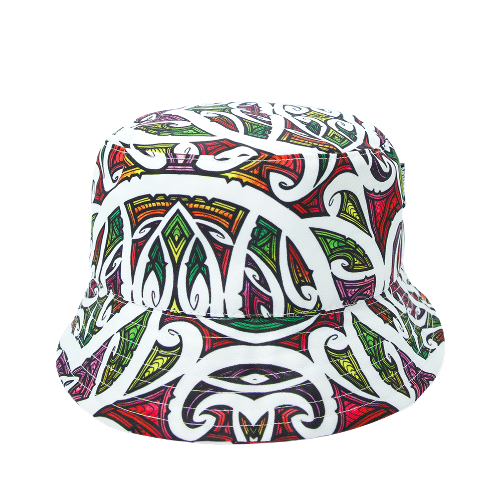 Miriama Bucket Hat Moana Road - Niwa. Colorful patterned bucket hat on a white background