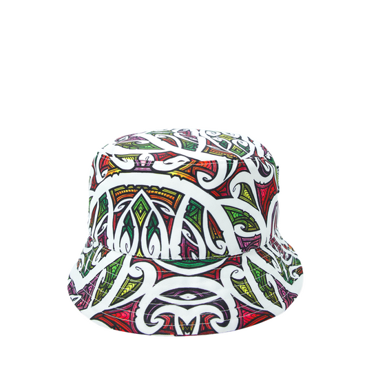 Miriama Bucket Hat Moana Road - Niwa. Colorful patterned bucket hat on a white background