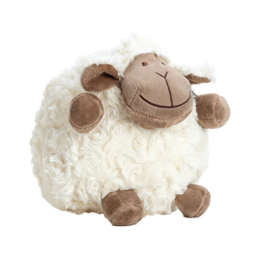 Sheep Toy Squishy Round 17cm. Plush toy sheep with white fleece and brown accents on a white background