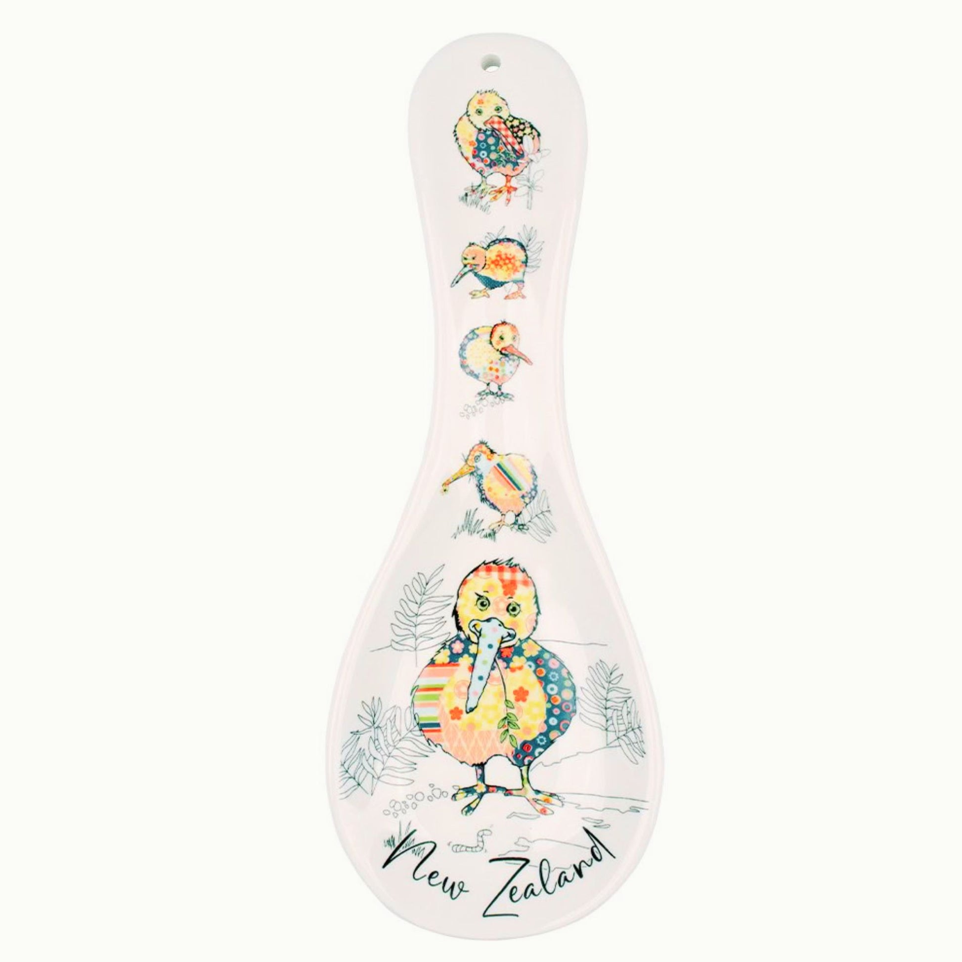 Spoon rest with kiwi bird design and 'New Zealand' text on a white 
background. Spoon-Holder-Quilted-Kiwis.