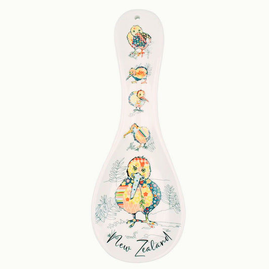 Spoon rest with kiwi bird design and 'New Zealand' text on a white 
background. Spoon-Holder-Quilted-Kiwis.