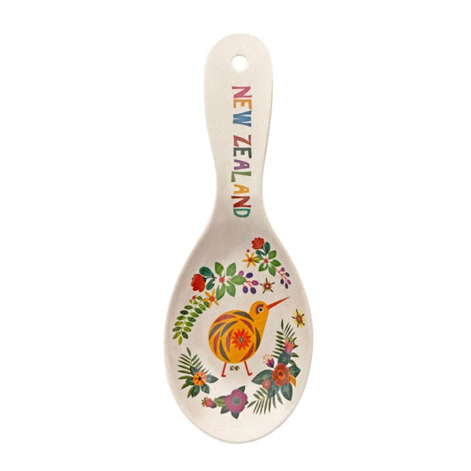 Spoon Rest-Bamboo-Retro Kiwi. Decorative spoon with New Zealand text and bird design on a white background