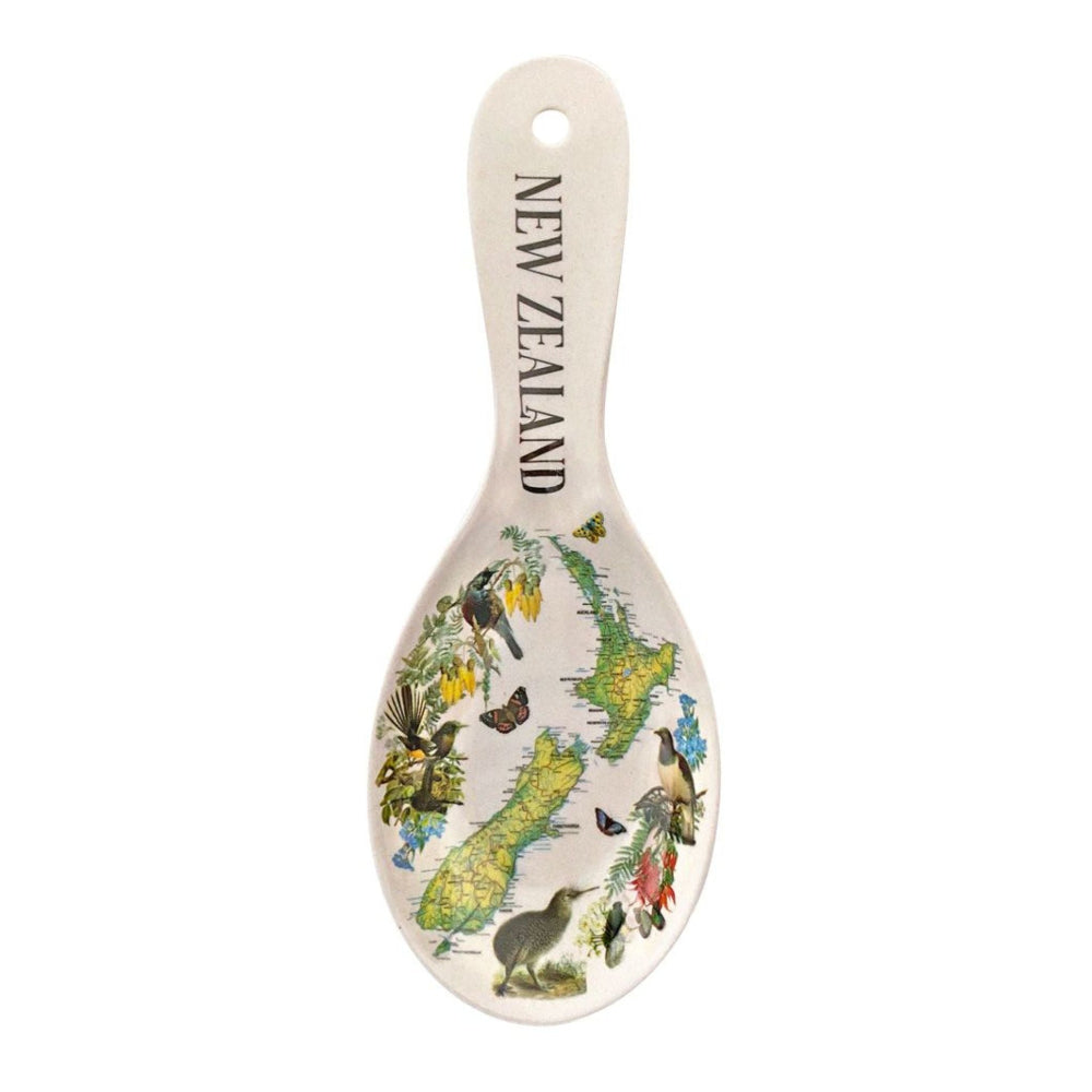 Spoon-Rest-Bamboo-Vintage-Map with New Zealand map and native animals design on a white background