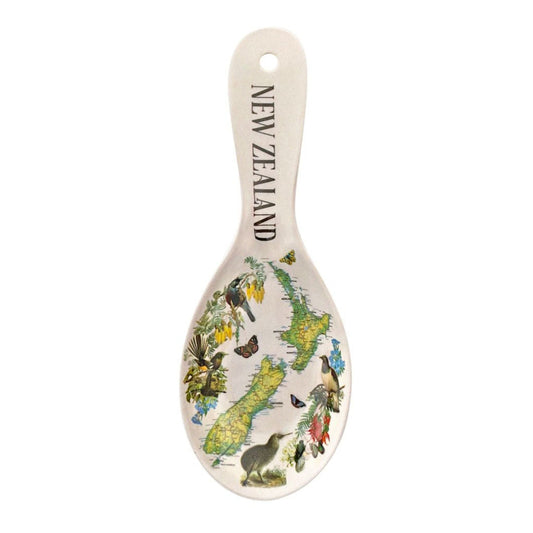 Spoon-Rest-Bamboo-Vintage-Map with New Zealand map and native animals design on a white background
