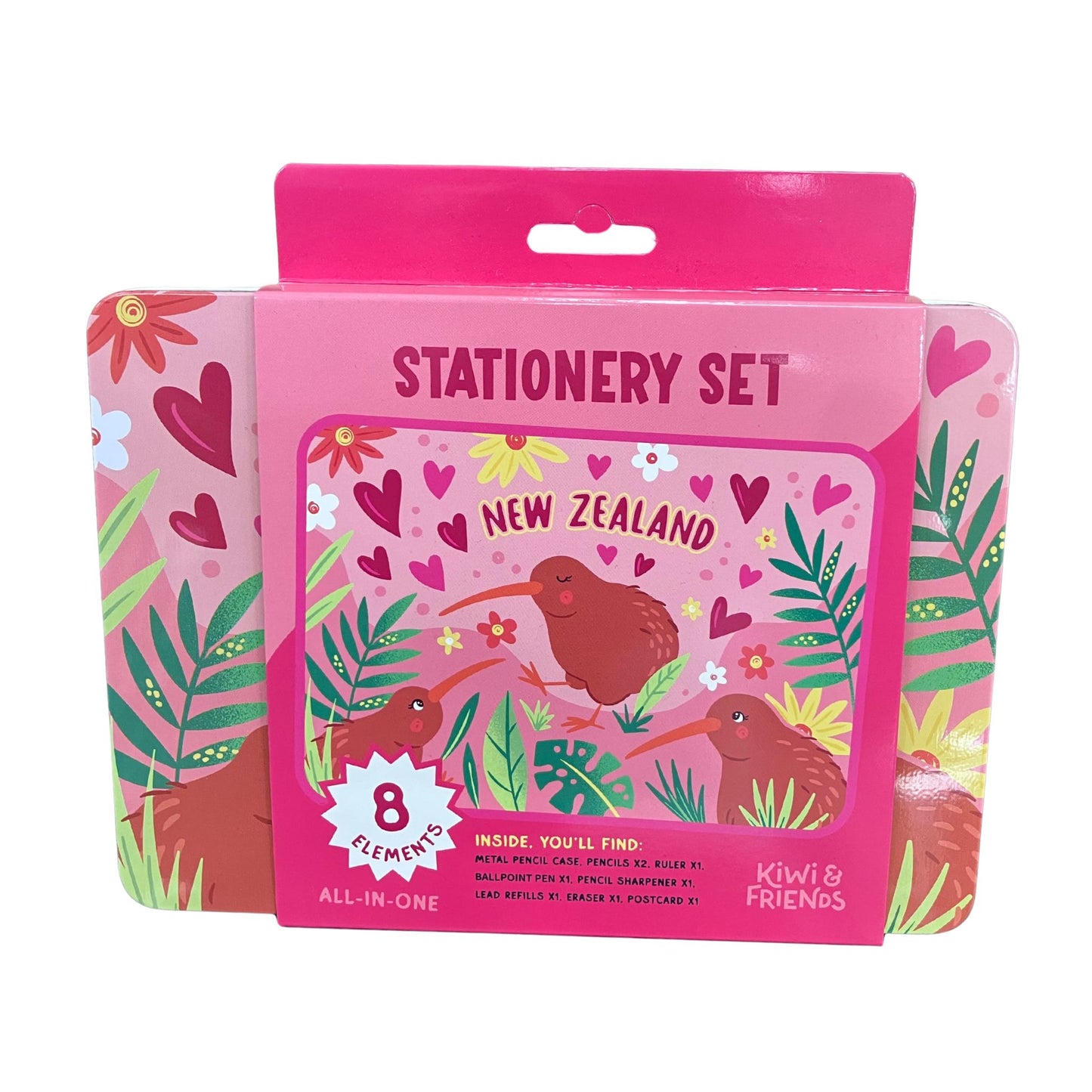 Pink stationery set packaging with kiwi birds and floral design on a white background