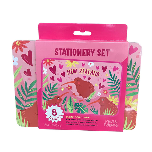 Pink stationery set packaging with kiwi birds and floral design on a white background