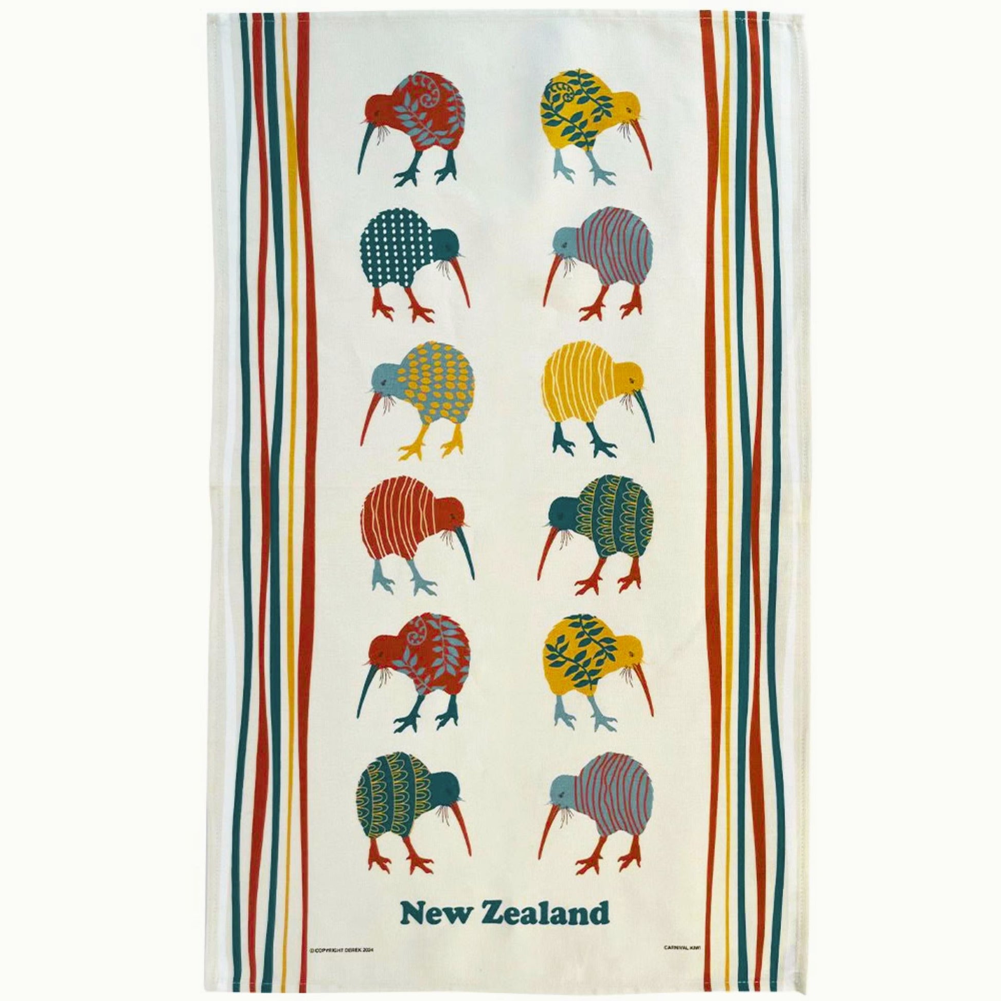 Tea towel with colorful kiwi bird design and 'New Zealand' text on a white background. Tea-Towel-Carnival-Kiwi.