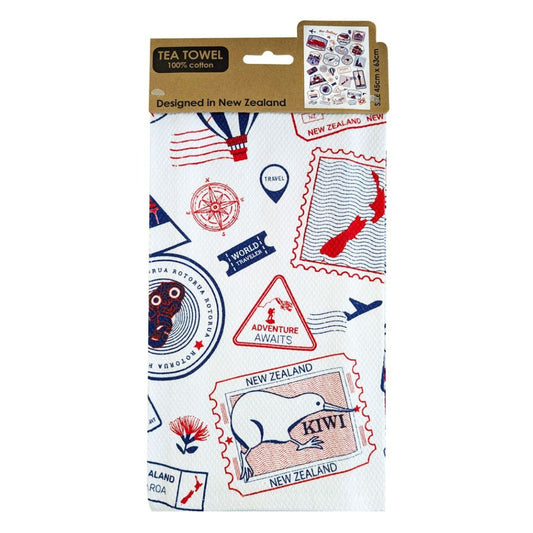 Tea towel with New Zealand-themed design on a white background. Tea Towel- Badges of nz icons.