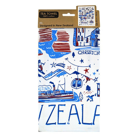 Tea towel with New Zealand-themed design and 'Designed in New Zealand' label