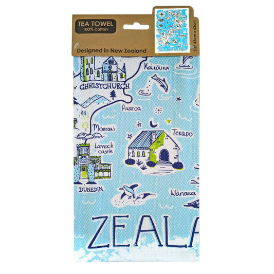Tea towel packaging with illustrations of New Zealand cities on a blue background. Tea Towel- NZ-Map