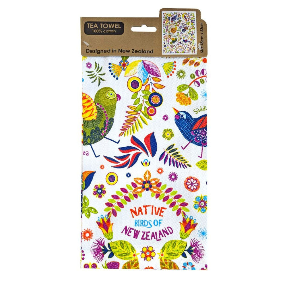 Tea Towel -Retro Birds with colorful native birds of New Zealand design on a white background