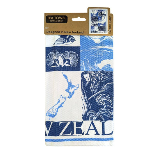 Tea Towel -Scenic Blue. Tea towel with New Zealand design packaging on a white background