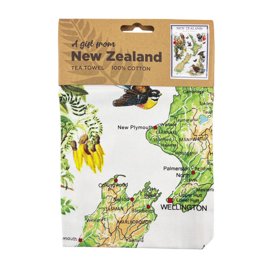 Tea towel with New Zealand map and native birds packaging