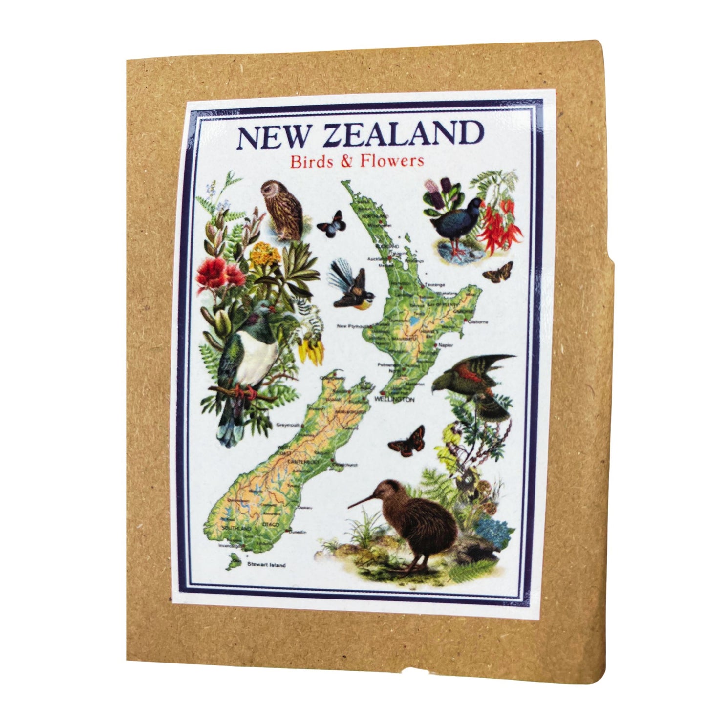 Tea Towel with a map of New Zealand featuring birds, flowers, and native plants on a kraft paper cover.