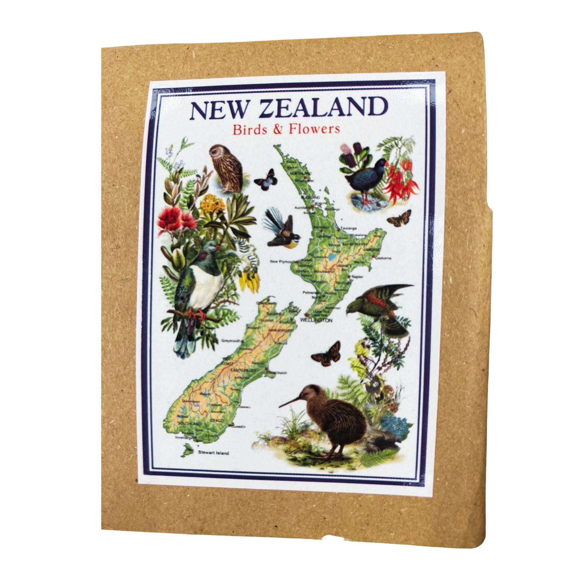 Tea Towel with a map of New Zealand featuring birds, flowers, and native plants on a kraft paper cover.