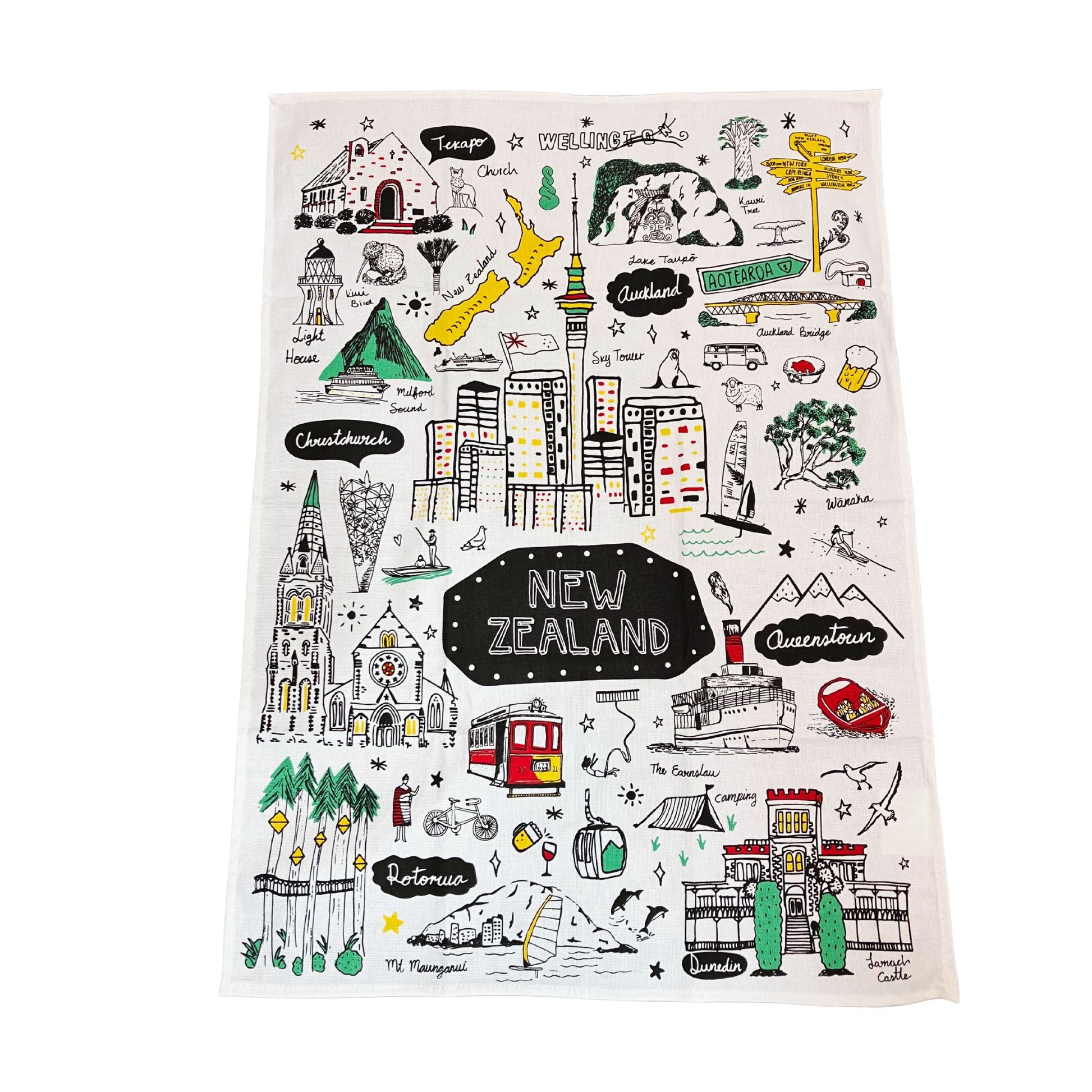 Tea towel with New Zealand-themed illustrations on a white background