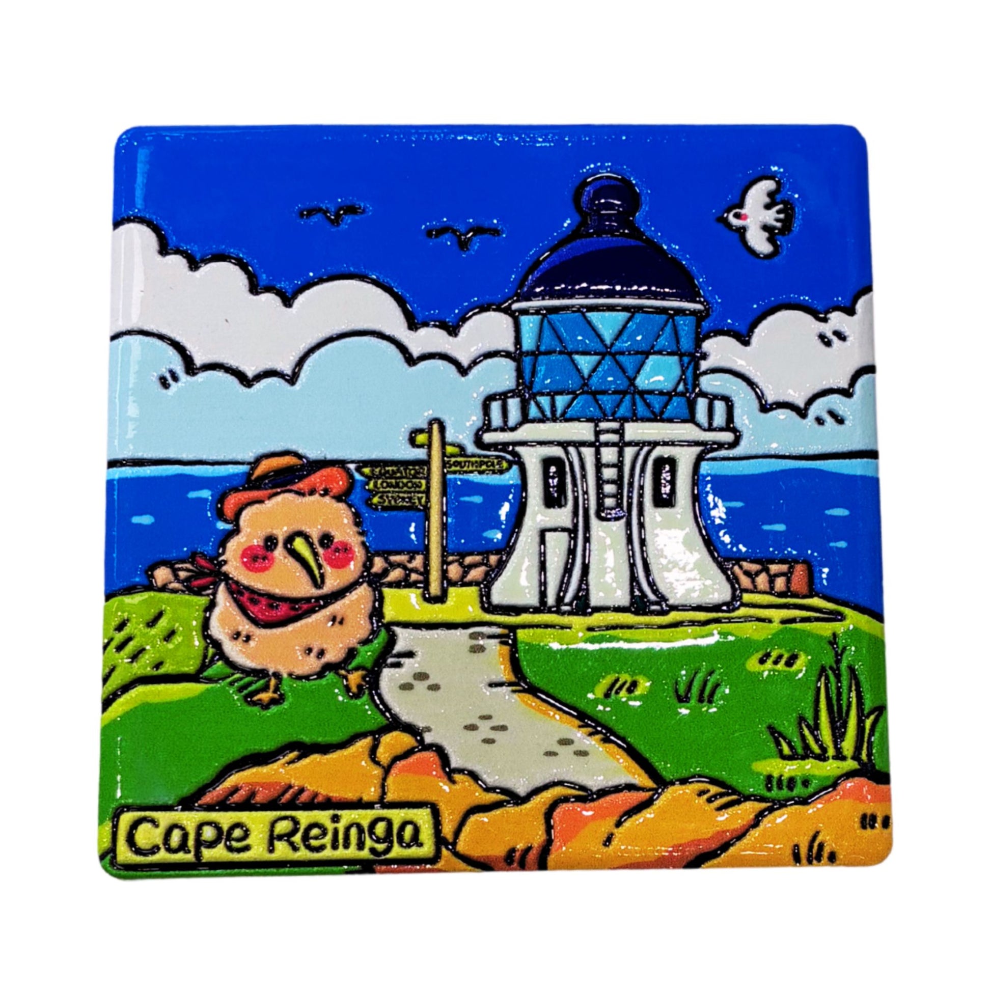 A square, hand-painted ceramic coaster featuring a colorful cartoon illustration of Cape Reinga, with a lighthouse, a kiwi bird, and a signpost, on a white background.