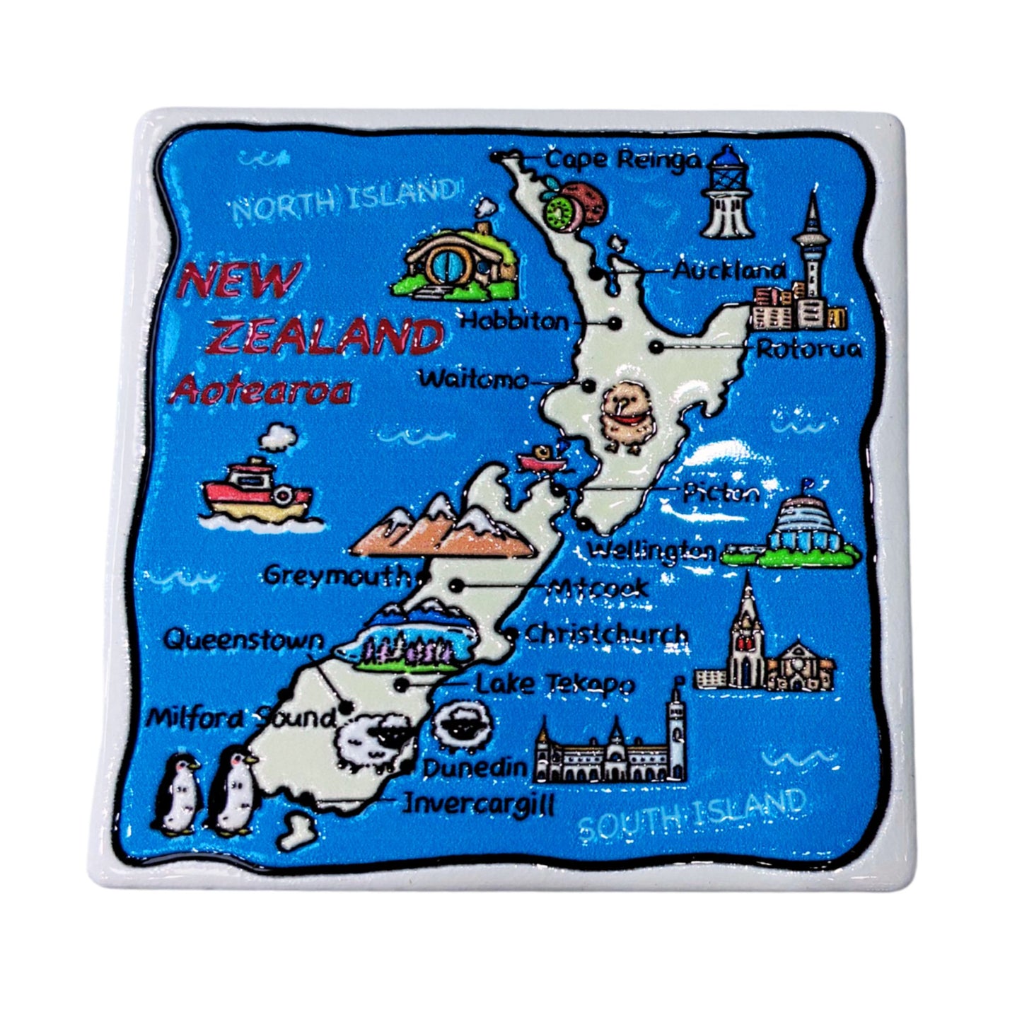 A square ceramic New Zealand map magnet or coaster featuring a bright blue background with labeled landmarks, penguins, and scenic illustrations, shown on a plain white background.