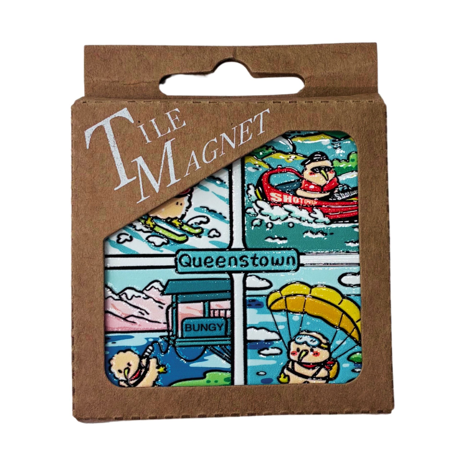 A square ceramic tile magnet featuring a colorful cartoon illustration of Queenstown, New Zealand, presented in its original brown cardboard packaging with a clear window.