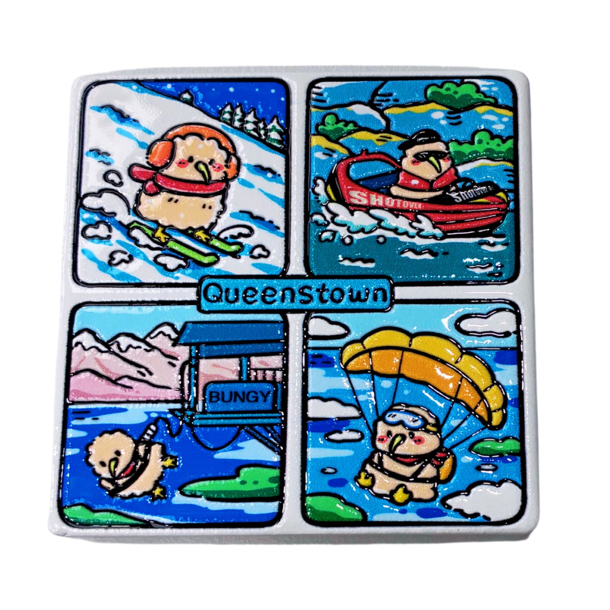 A square ceramic coaster featuring a 2x2 cartoon grid of a small fluffy dog in outdoor adventures, with the word 'Queenstown' in the center. The scenes show the dog skiing, boating, skydiving, and riding a surfboard at a beach, all in a colorful hand-painted style.