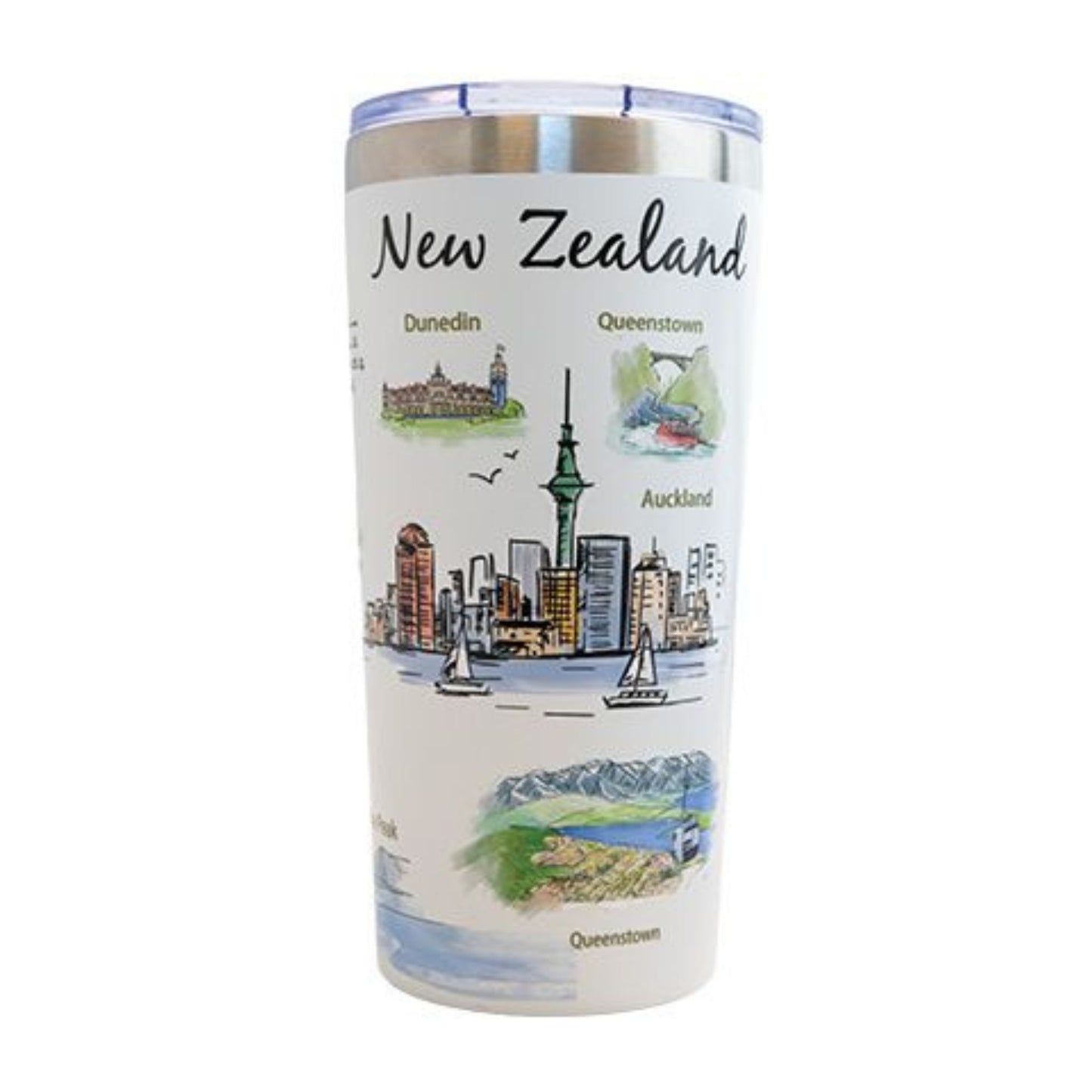 Mug -Artist Series 500ml. Tumbler with illustrations of New Zealand cities on a white background