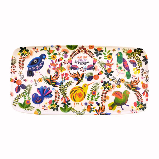 Colorful tray with NZ bird and floral design on a white background.Tray-Bamboo Retro Birds.