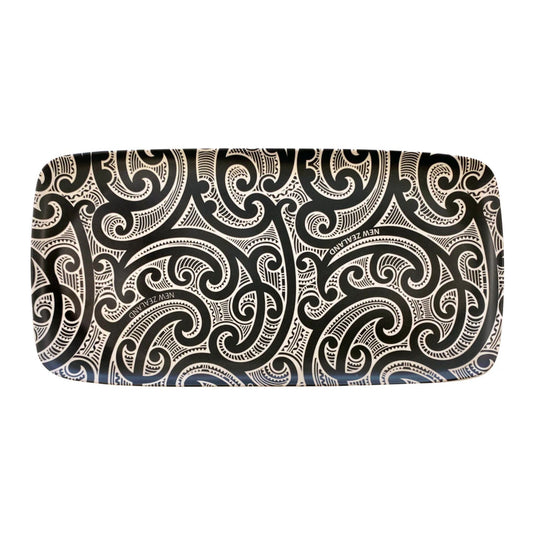 Black and white maori patterned Bamboo Rectangle Tray on a white background,