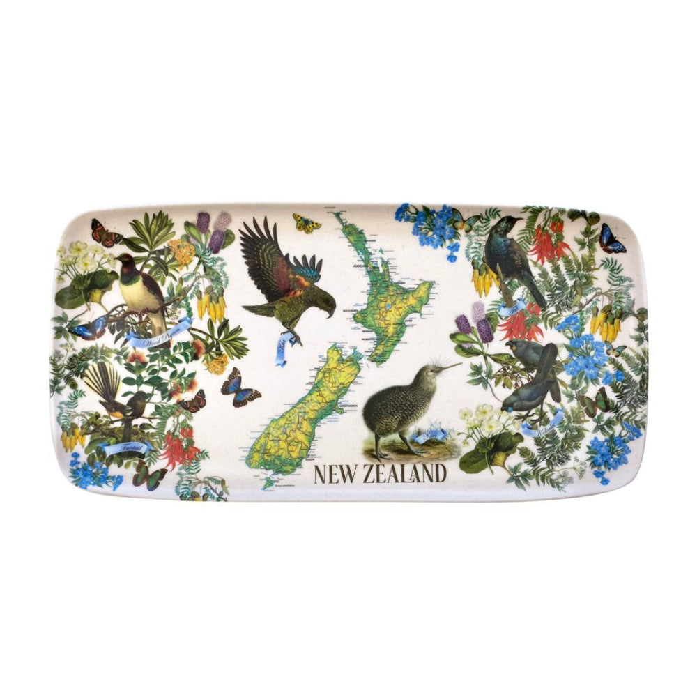 Rectangular tray with New Zealand-themed design featuring birds, flowers, and the country's name.