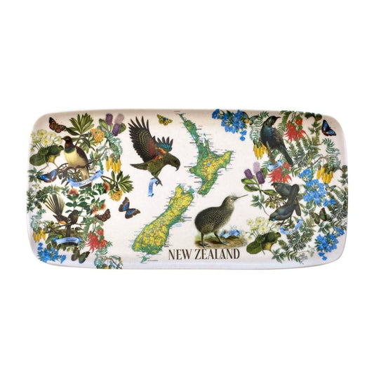 Rectangular tray with New Zealand-themed design featuring birds, flowers, and the country's name.