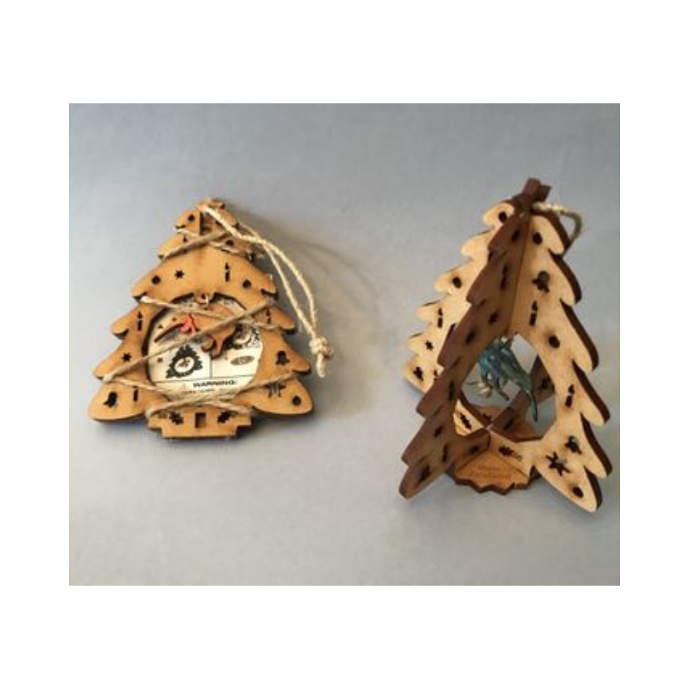 A 3D wooden ornament designed to resemble a kiwi tree with brown coloring and green branches, featuring a QR code on its trunk.