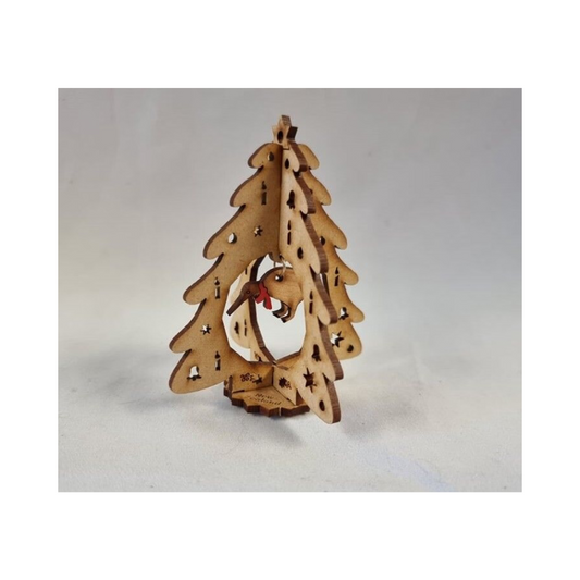 A 3D wooden ornament designed to resemble a kiwi tree with brown coloring and green branches, featuring a QR code on its trunk.
