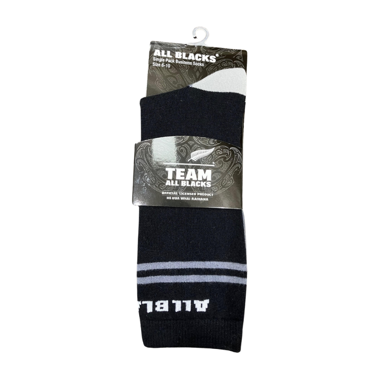 Black socks with white stripes and 'All Blacks' branding on a white background