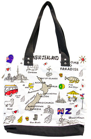 Tote bag with New Zealand-themed illustrations and text on a white background